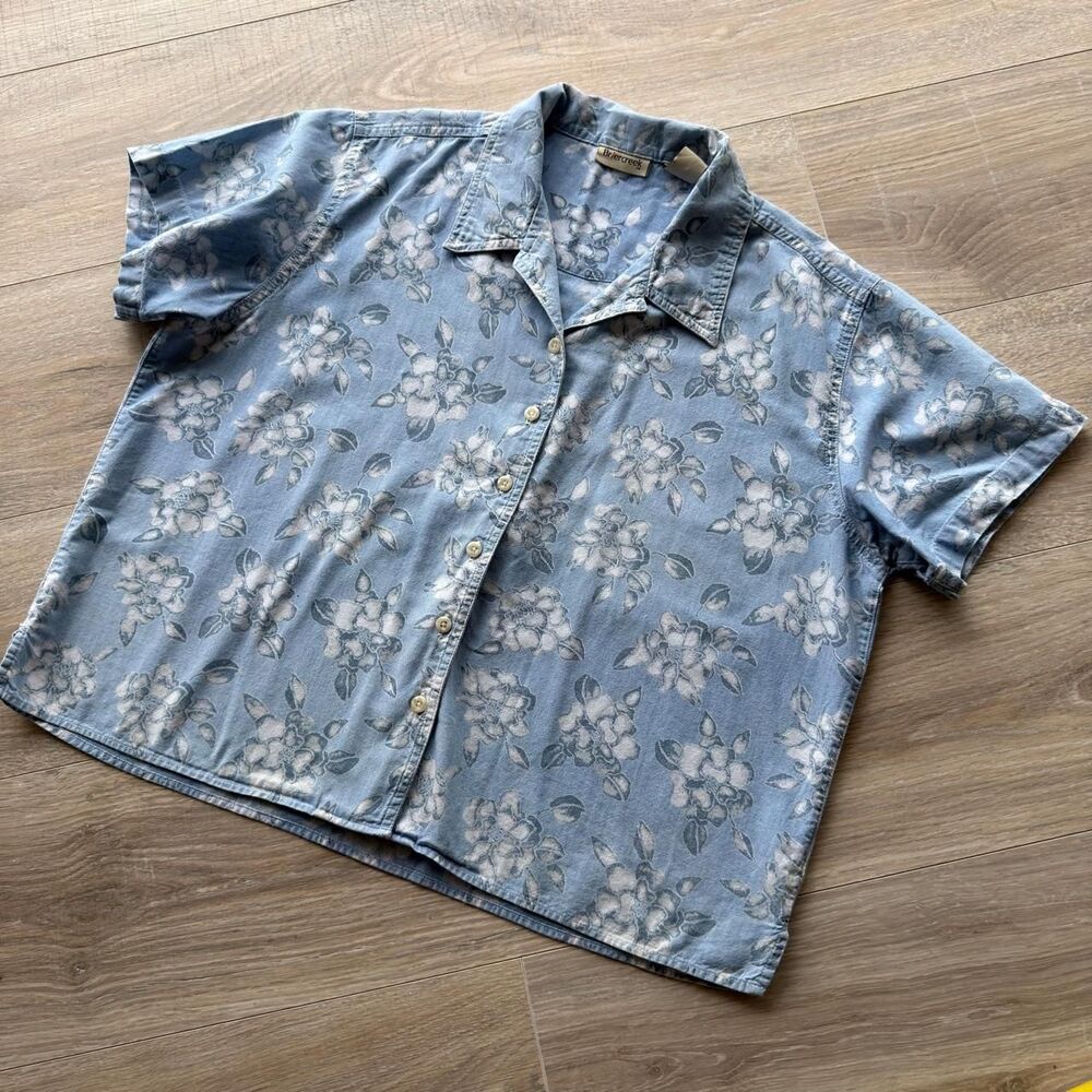Briercreek Denim Floral Boxy Button Up Shirt Women's 12 Cotton VTG 90's Cottage